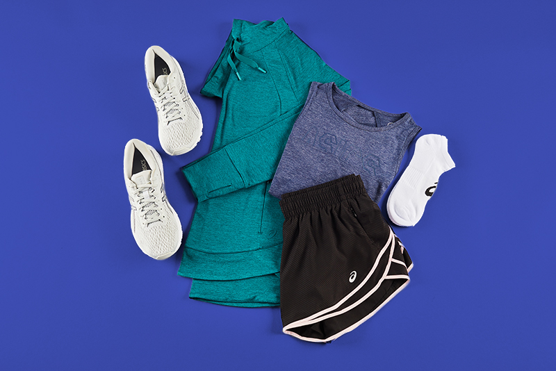running outfit including shorts, sneakers, socks, t-shirt, and sweatshirt